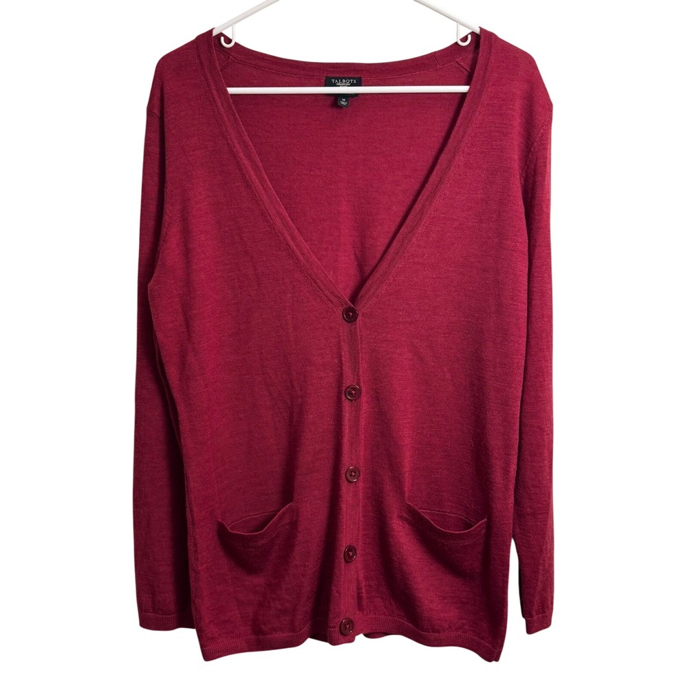 Talbots Petites Womens Sweater M Red Italian Merino Wool V-Neck Button Cardigan
